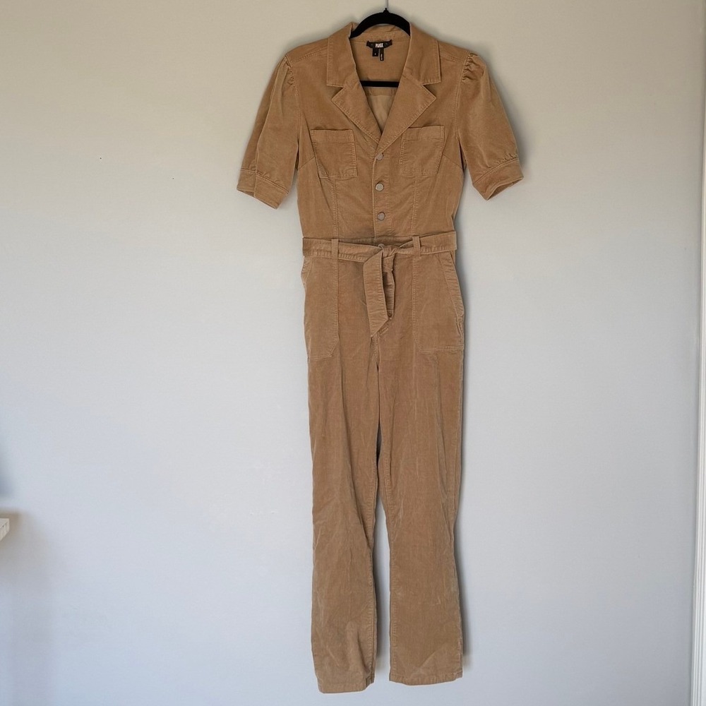 PAIGE Mayslie Tan Corduroy Short Sleeve Belted Utility Jumpsuit Size 4 Camel